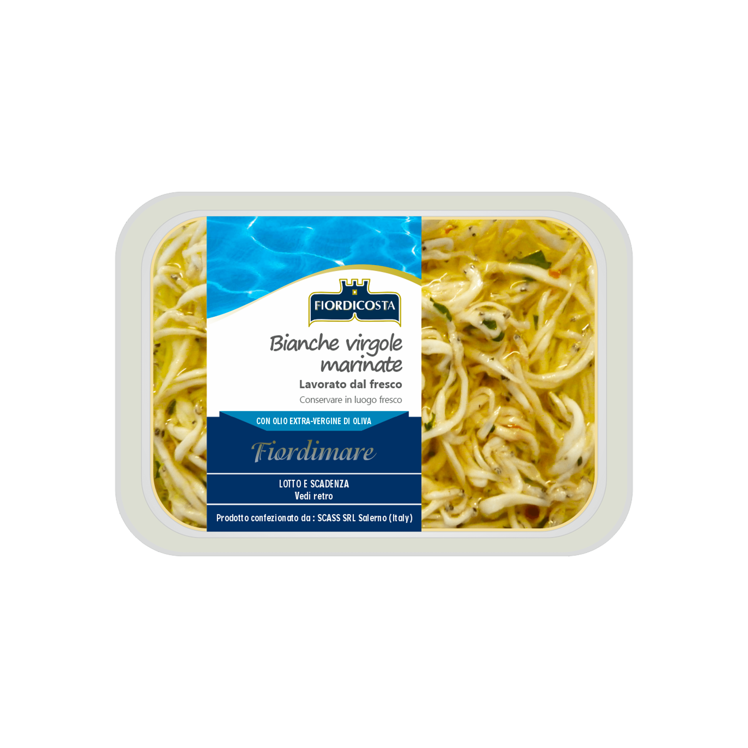 foto a sfondo bianco con bianche virgole marinate