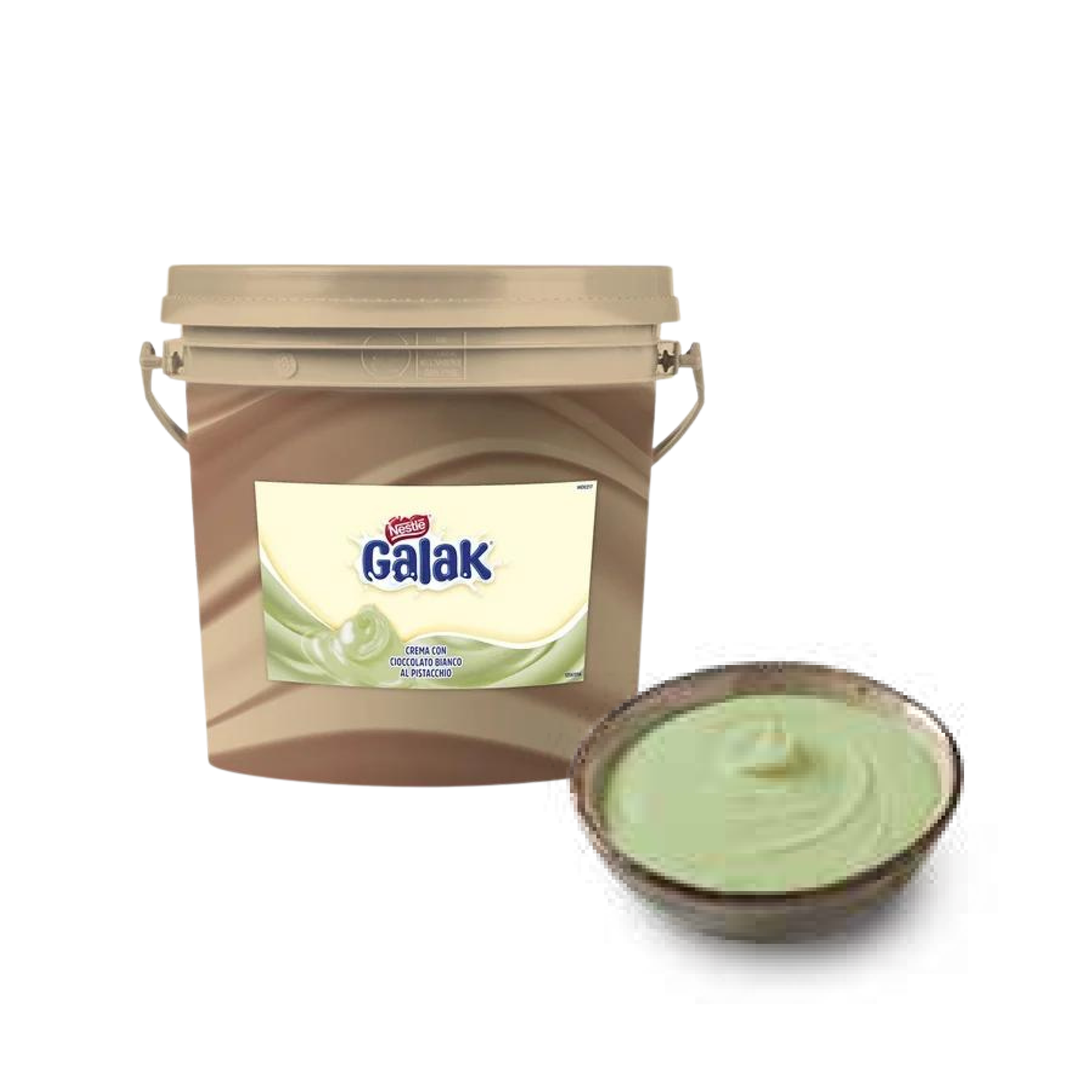 foto a sfondo bianco con la crema galak al pistacchio